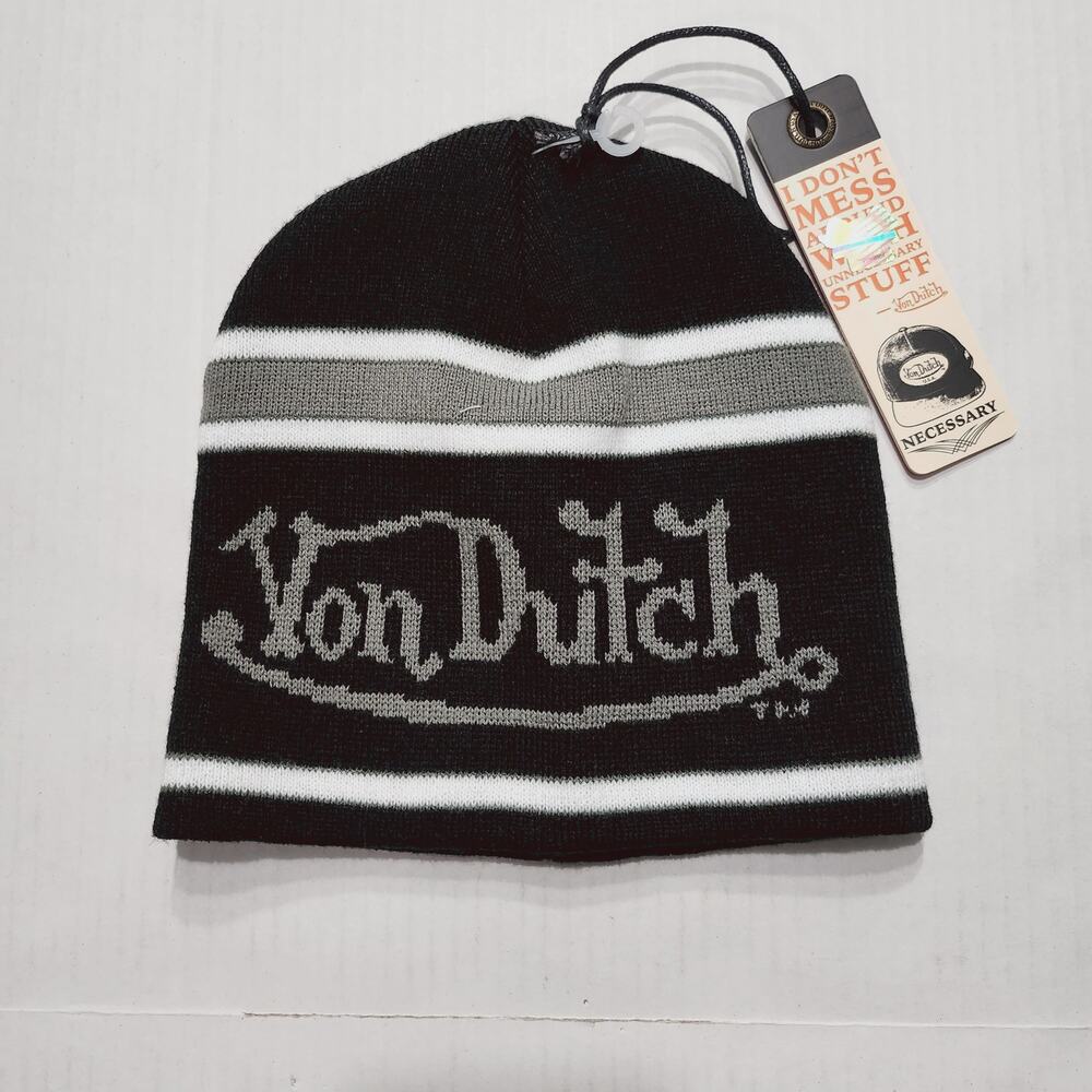 Mens Size O/S Von Dutch Beanie Cap Penalty Skully Winter Warm Striped Black Gray